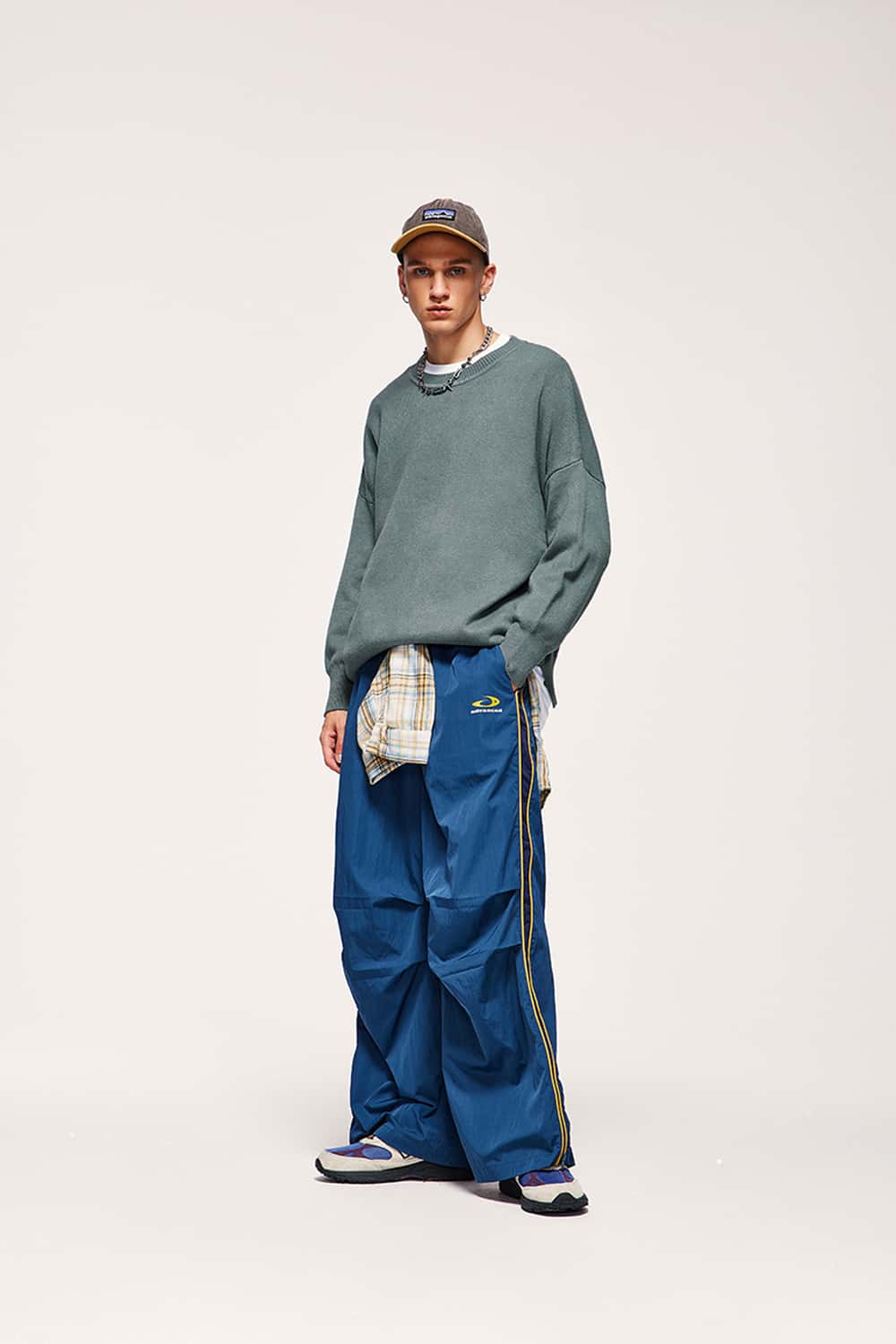 Loose Fit Crewneck Knit Sweater - Grayish Blue