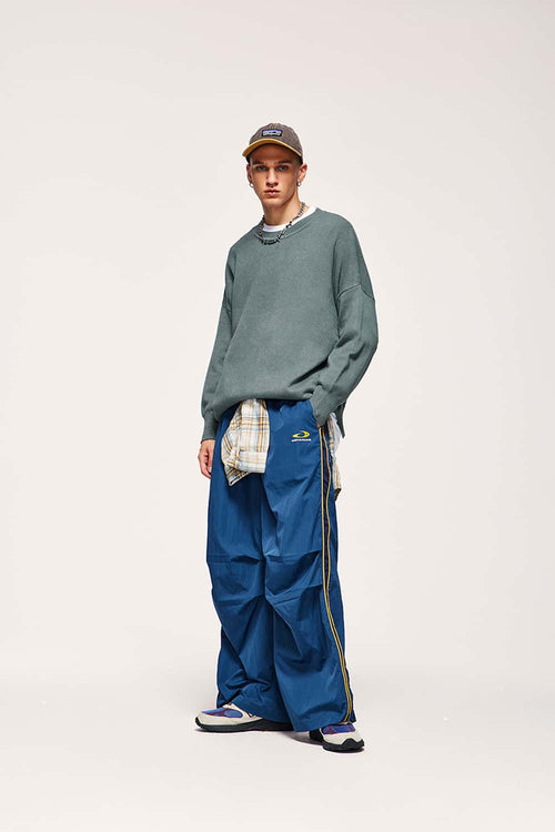 Loose Fit Crewneck Knit Sweater - Grayish Blue
