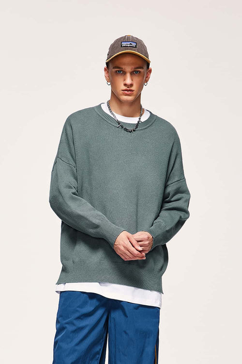 Loose Fit Crewneck Knit Sweater - Grayish Blue