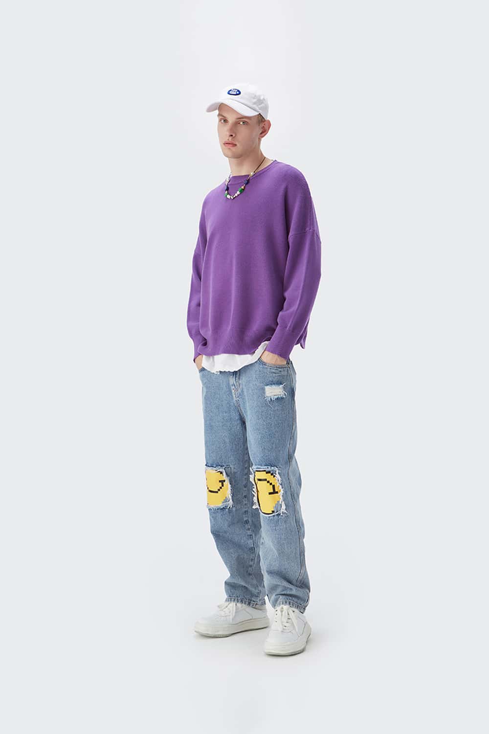 Loose Fit Crewneck Knit Sweater - Purple