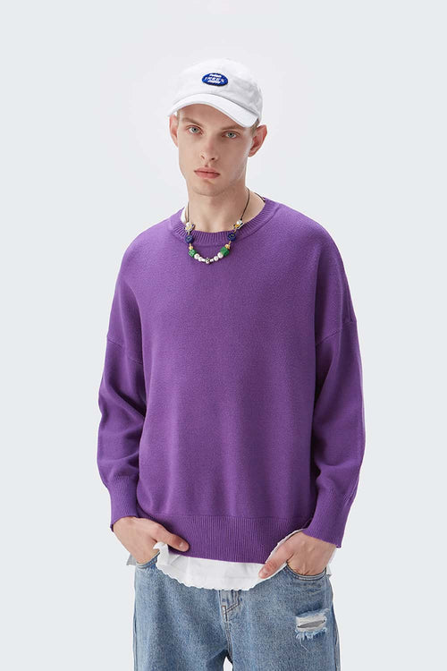 Loose Fit Crewneck Knit Sweater - Purple