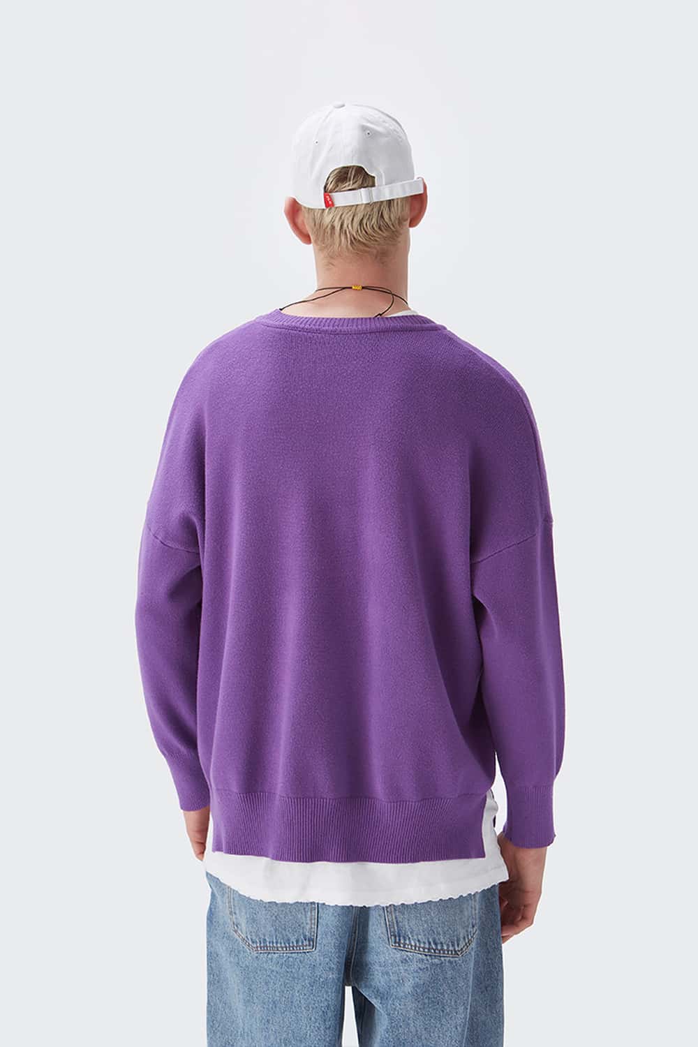 Loose Fit Crewneck Knit Sweater - Purple