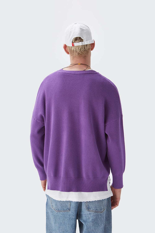 Loose Fit Crewneck Knit Sweater - Purple