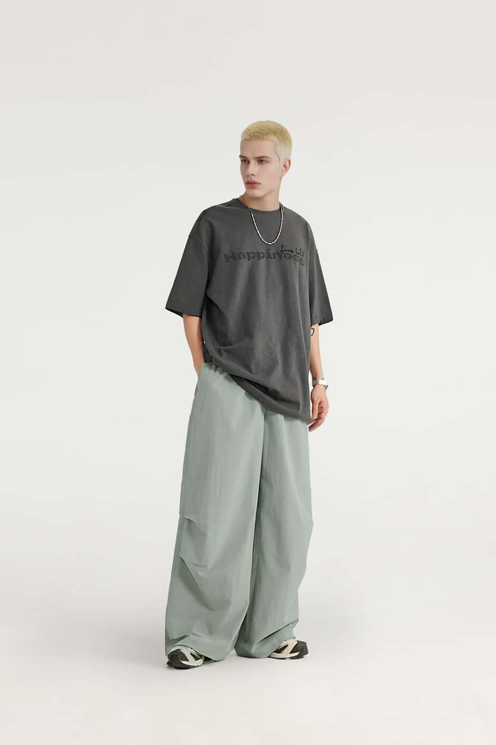 Draped Wide-Leg Utility Pants - Grayish Green