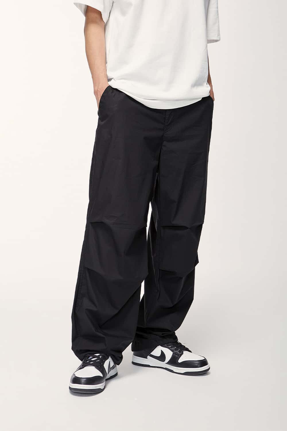 Cotton Wide-Leg Parachute Pants - Black