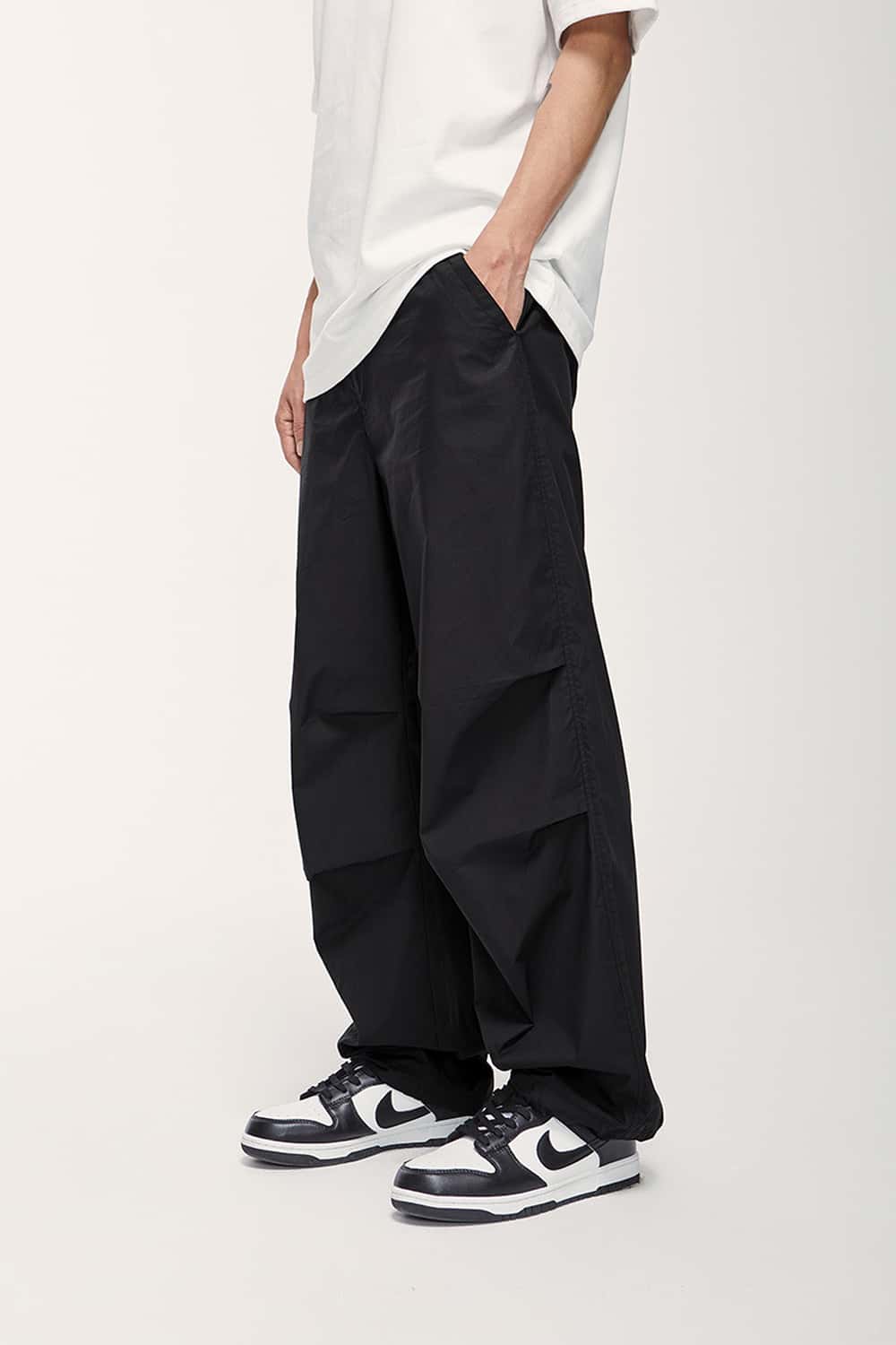 Cotton Wide-Leg Parachute Pants - Black
