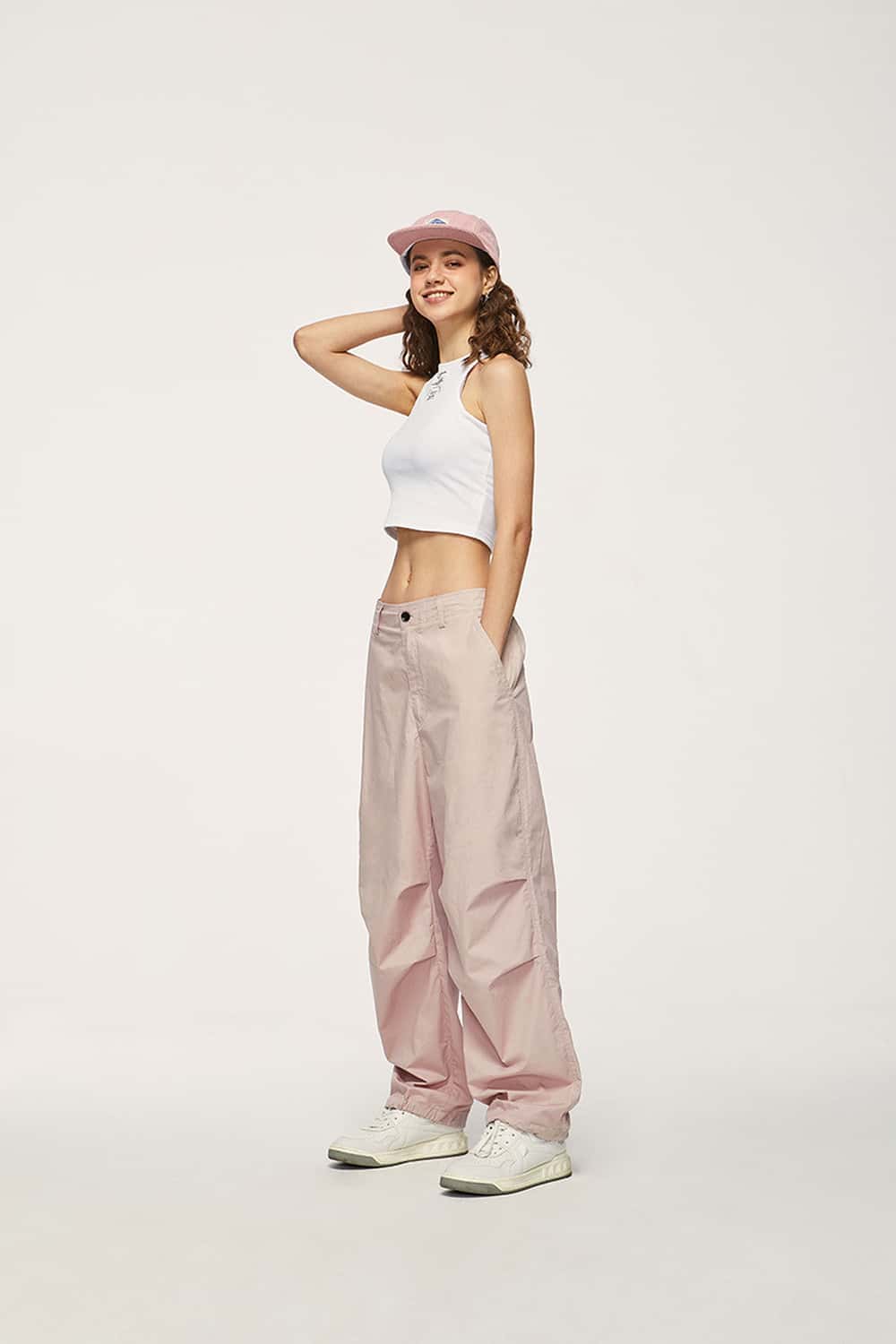 Cotton Wide-Leg Parachute Pants - Grayish Pink