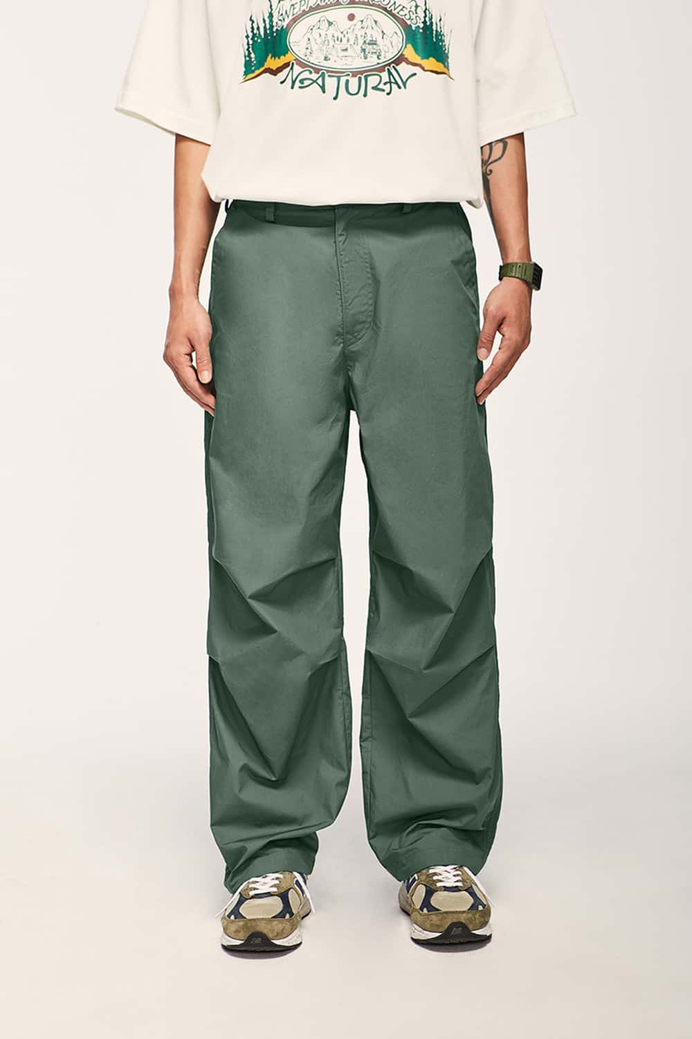 Cotton Wide-Leg Parachute Pants - Green