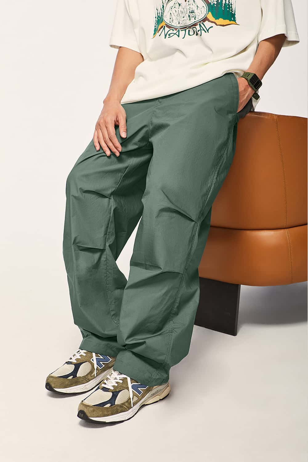 Cotton Wide-Leg Parachute Pants - Green