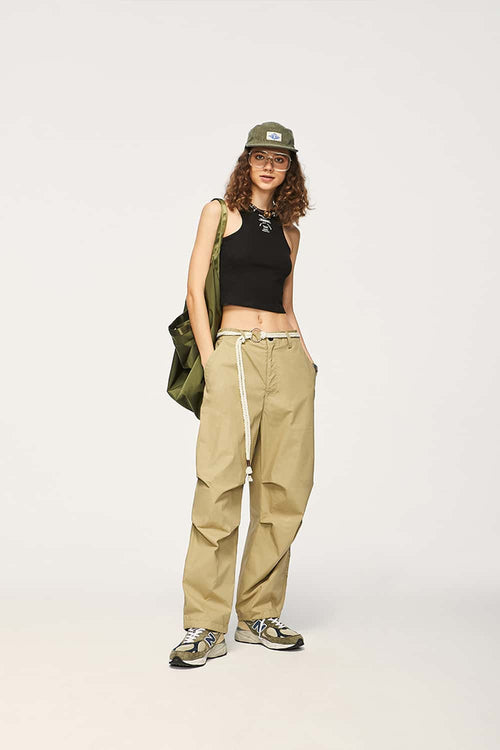 Cotton Wide-Leg Parachute Pants - Khaki