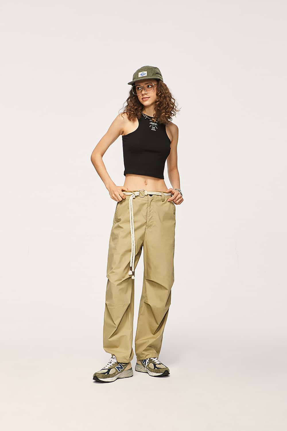 Cotton Wide-Leg Parachute Pants - Khaki