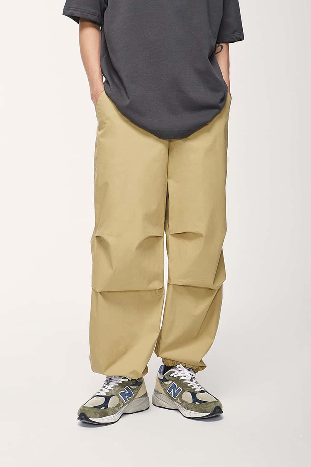 Cotton Wide-Leg Parachute Pants - Khaki