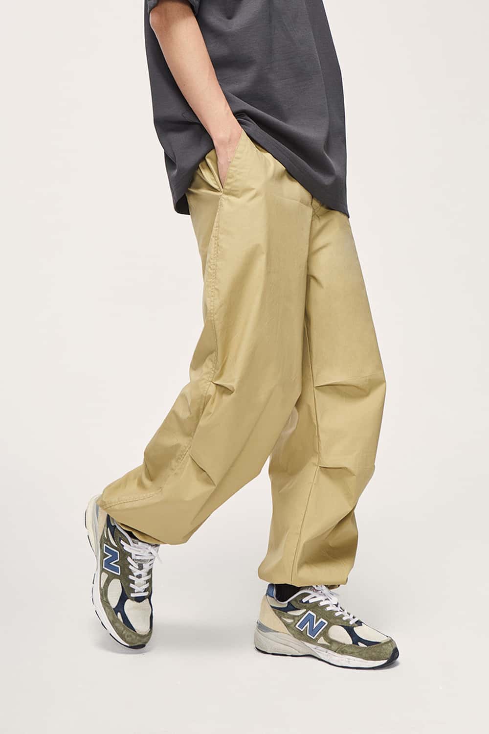Cotton Wide-Leg Parachute Pants - Khaki