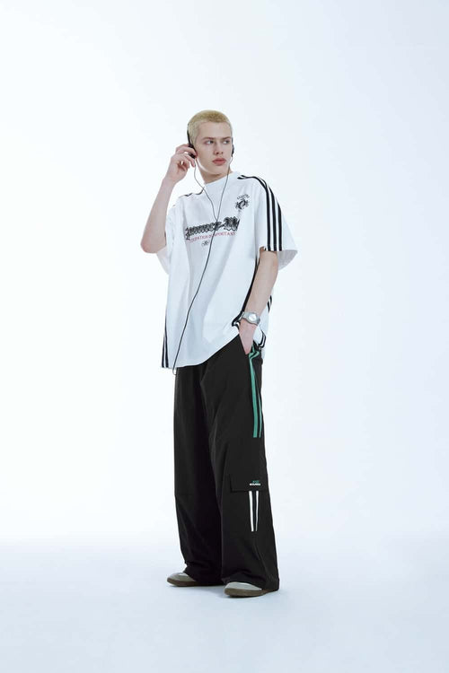 Side-Stripe Wide-Leg Cargo Pants - Black