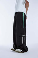 Side-Stripe Wide-Leg Cargo Pants - Black