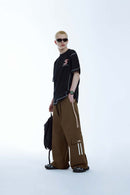 Side-Stripe Wide-Leg Cargo Pants - Coffee