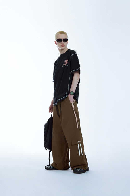 Side-Stripe Wide-Leg Cargo Pants - Coffee
