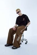 Side-Stripe Wide-Leg Cargo Pants - Coffee