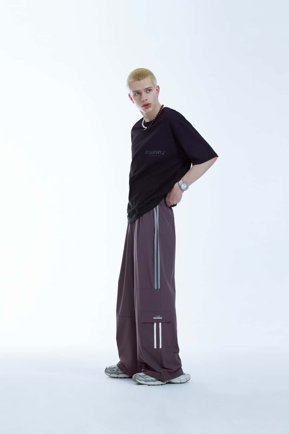 Side-Stripe Wide-Leg Cargo Pants - Purple