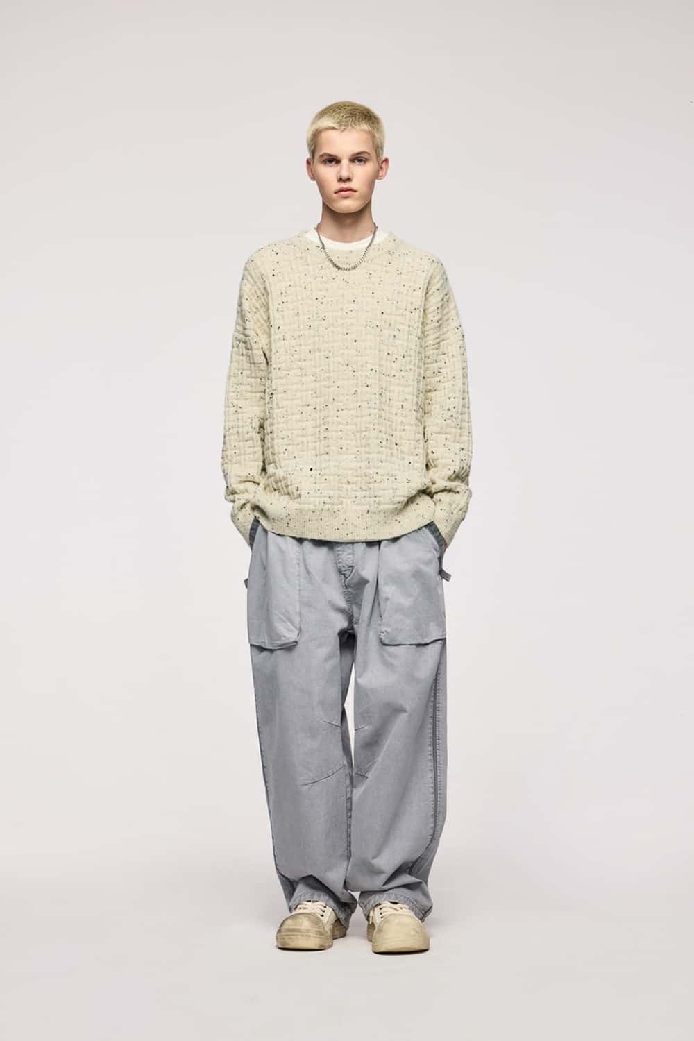 Flecked Waffle-Knit Crew Sweater - Apricot