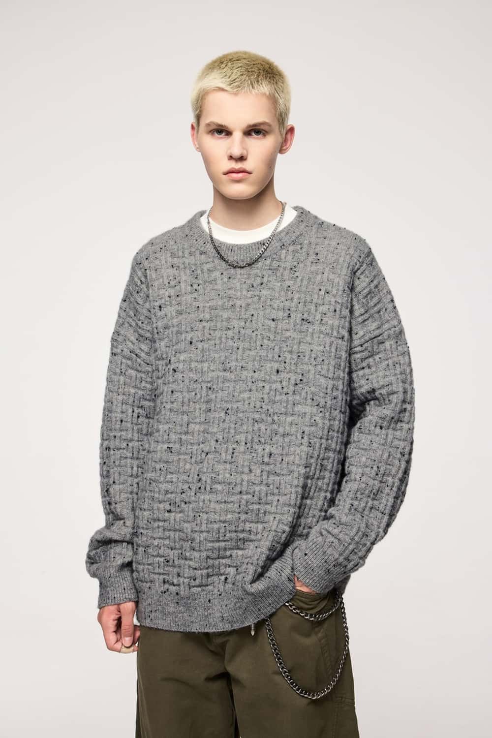 Flecked Waffle-Knit Crew Sweater - Flower Gray