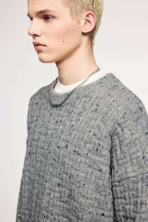 Flecked Waffle-Knit Crew Sweater - Flower Gray