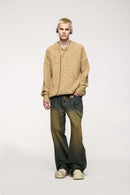 Flecked Waffle-Knit Crew Sweater - Grayish Orange