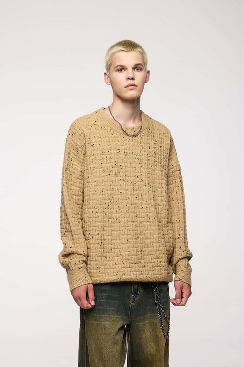 Flecked Waffle-Knit Crew Sweater - Grayish Orange