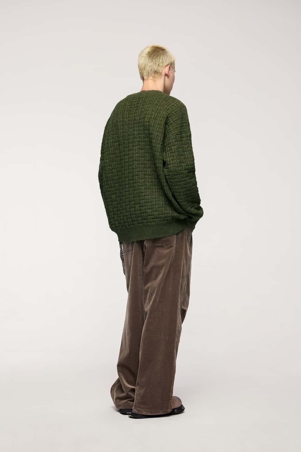 Flecked Waffle-Knit Crew Sweater - Military Green