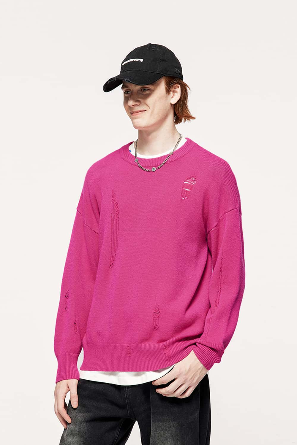 Distressed Loose Knit Sweater - Pink