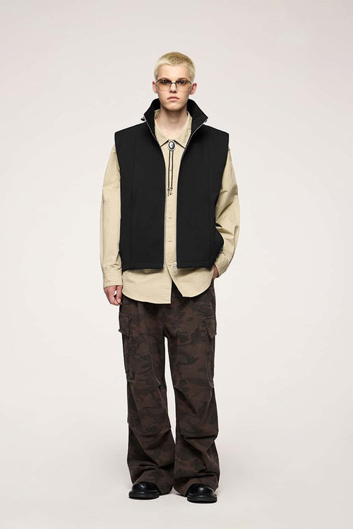Utility Zip-Up Stand Collar Vest - Black