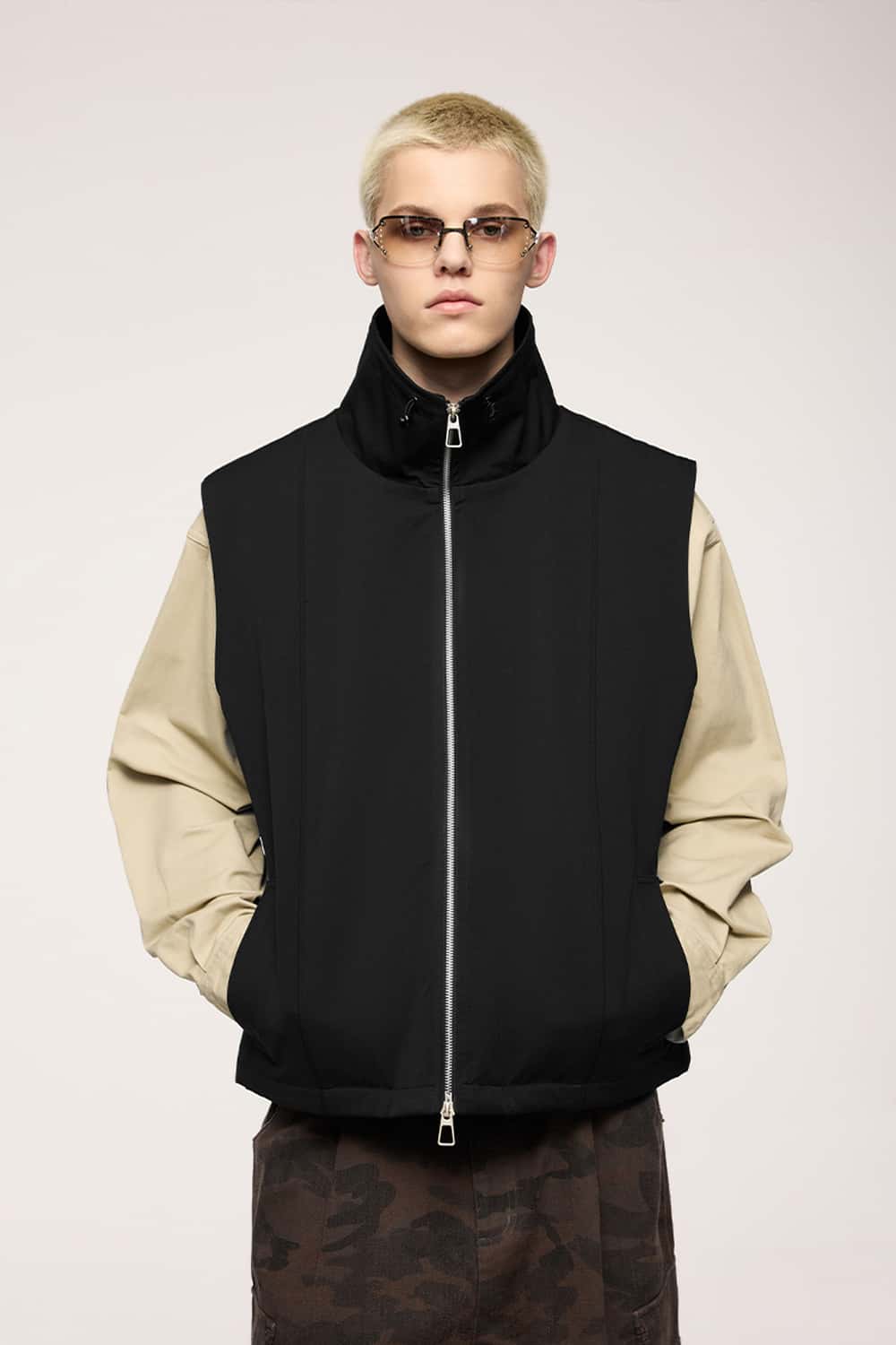 Utility Zip-Up Stand Collar Vest - Black