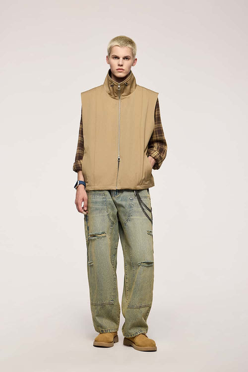 Utility Zip-Up Stand Collar Vest - Khaki