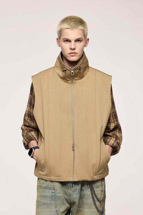 Utility Zip-Up Stand Collar Vest - Khaki