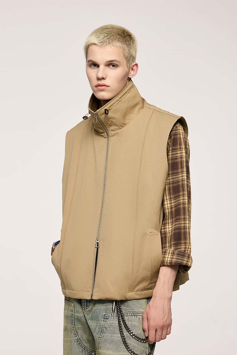 Utility Zip-Up Stand Collar Vest - Khaki