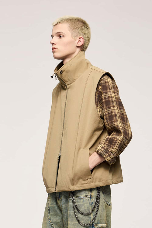 Utility Zip-Up Stand Collar Vest - Khaki