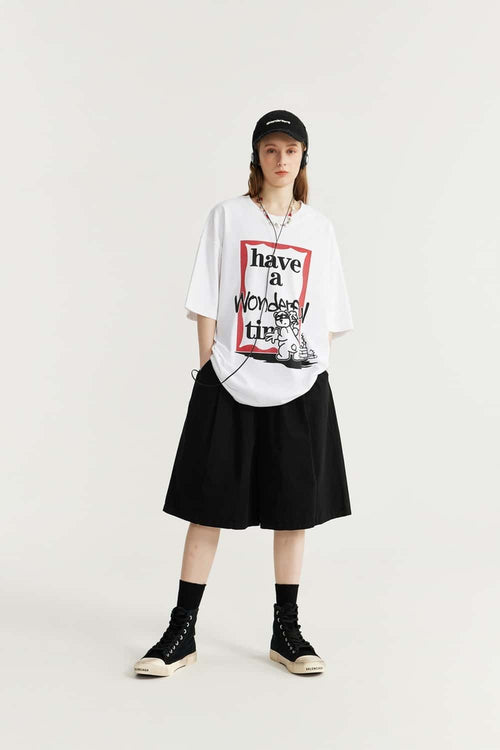 Washed Pleated Long Shorts - Black