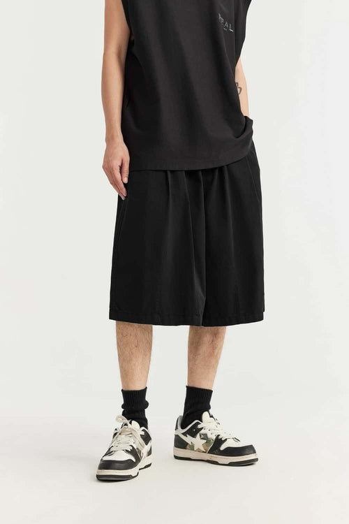 Washed Pleated Long Shorts - Black