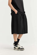 Washed Pleated Long Shorts - Black