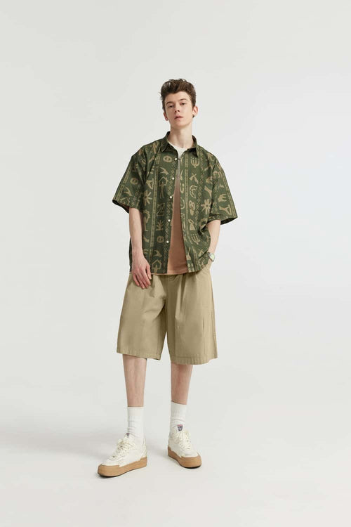 Washed Pleated Long Shorts - Khaki
