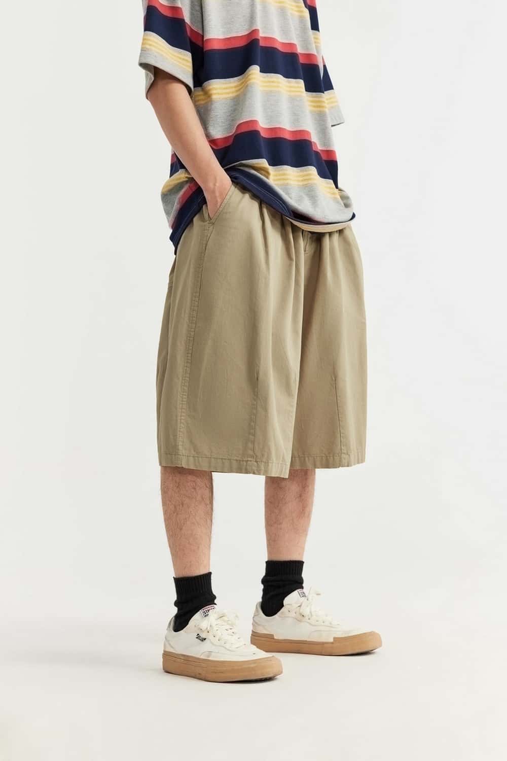 Washed Pleated Long Shorts - Khaki