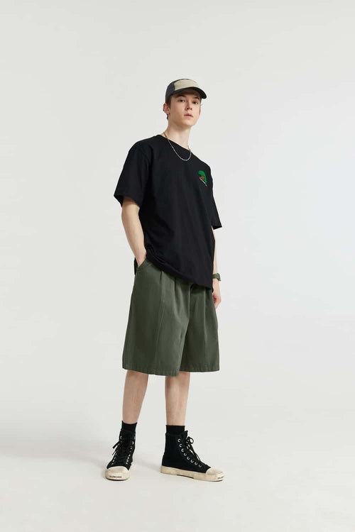 Washed Pleated Long Shorts - Military Green