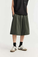 Washed Pleated Long Shorts - Military Green