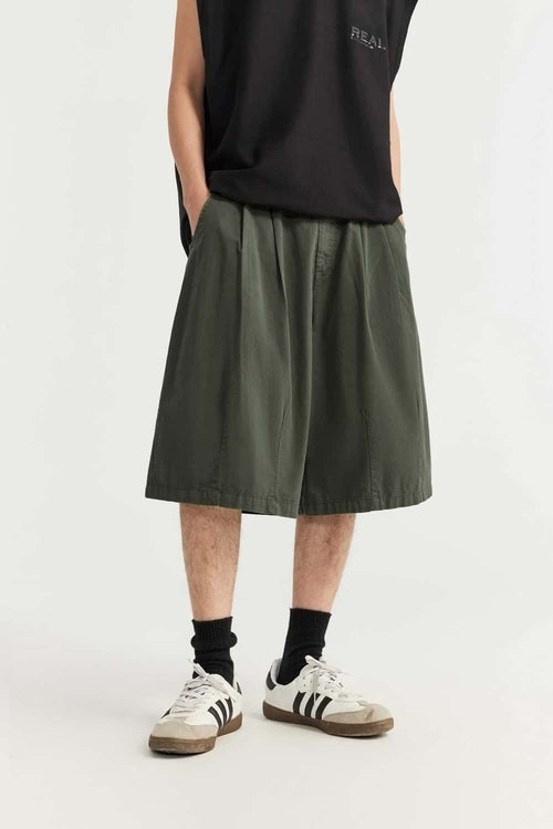 Washed Pleated Long Shorts - Military Green
