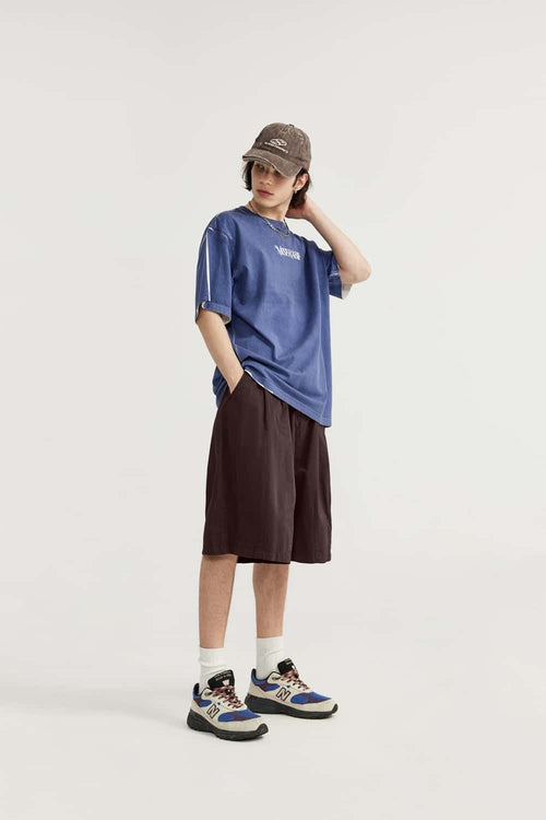 Washed Pleated Long Shorts - Reddish Brown
