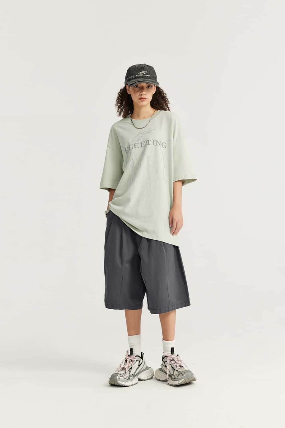 Washed Pleated Long Shorts - Rock Gray