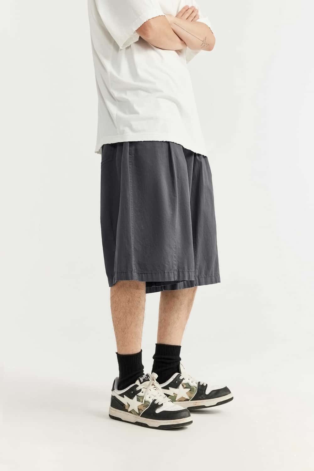 Washed Pleated Long Shorts - Rock Gray