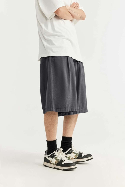 Washed Pleated Long Shorts - Rock Gray