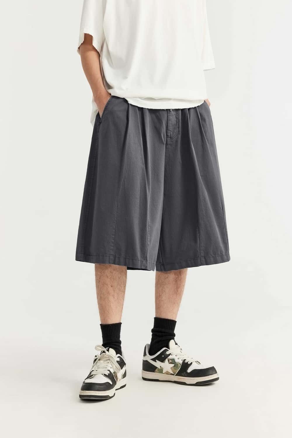 Washed Pleated Long Shorts - Rock Gray