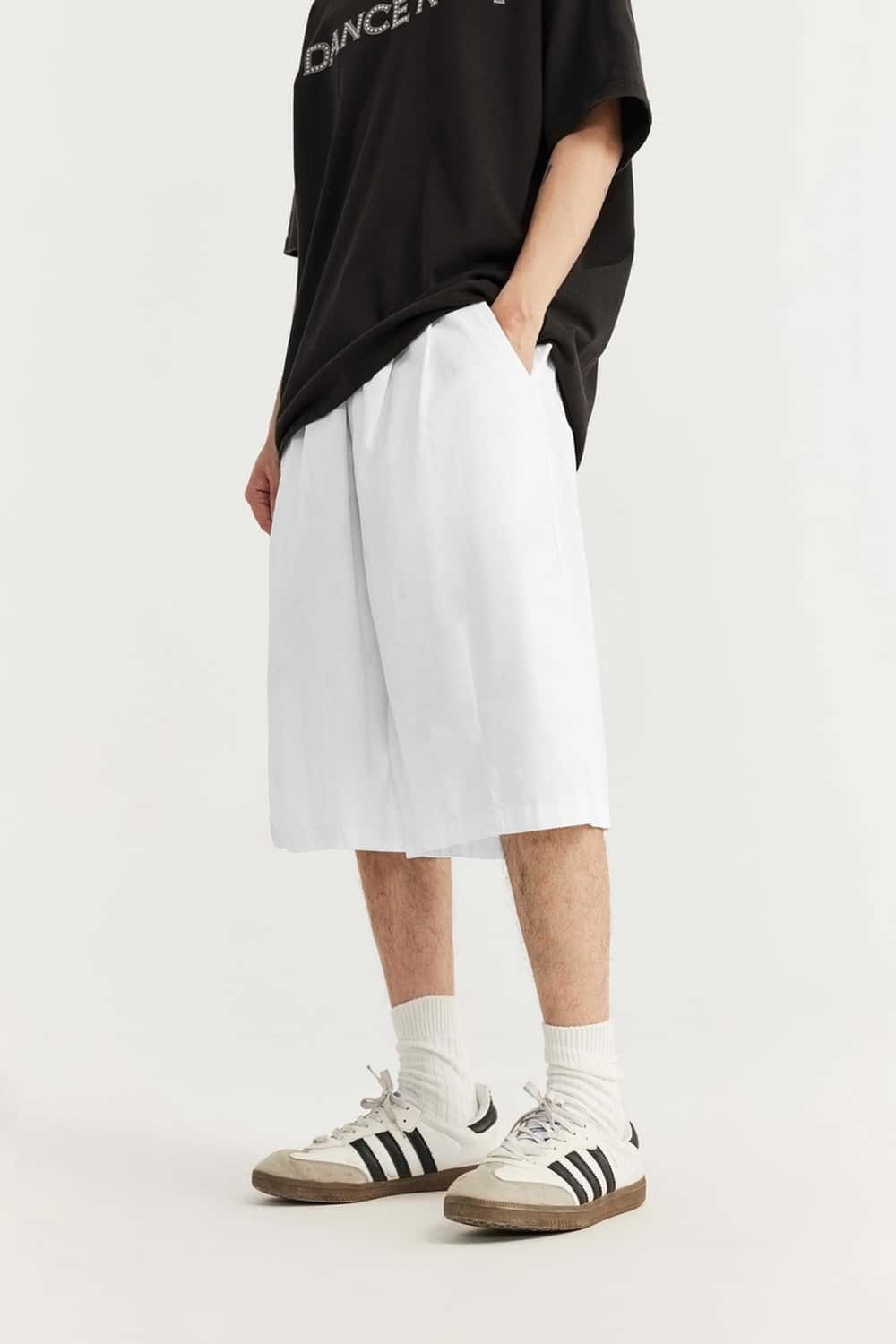Washed Pleated Long Shorts - White